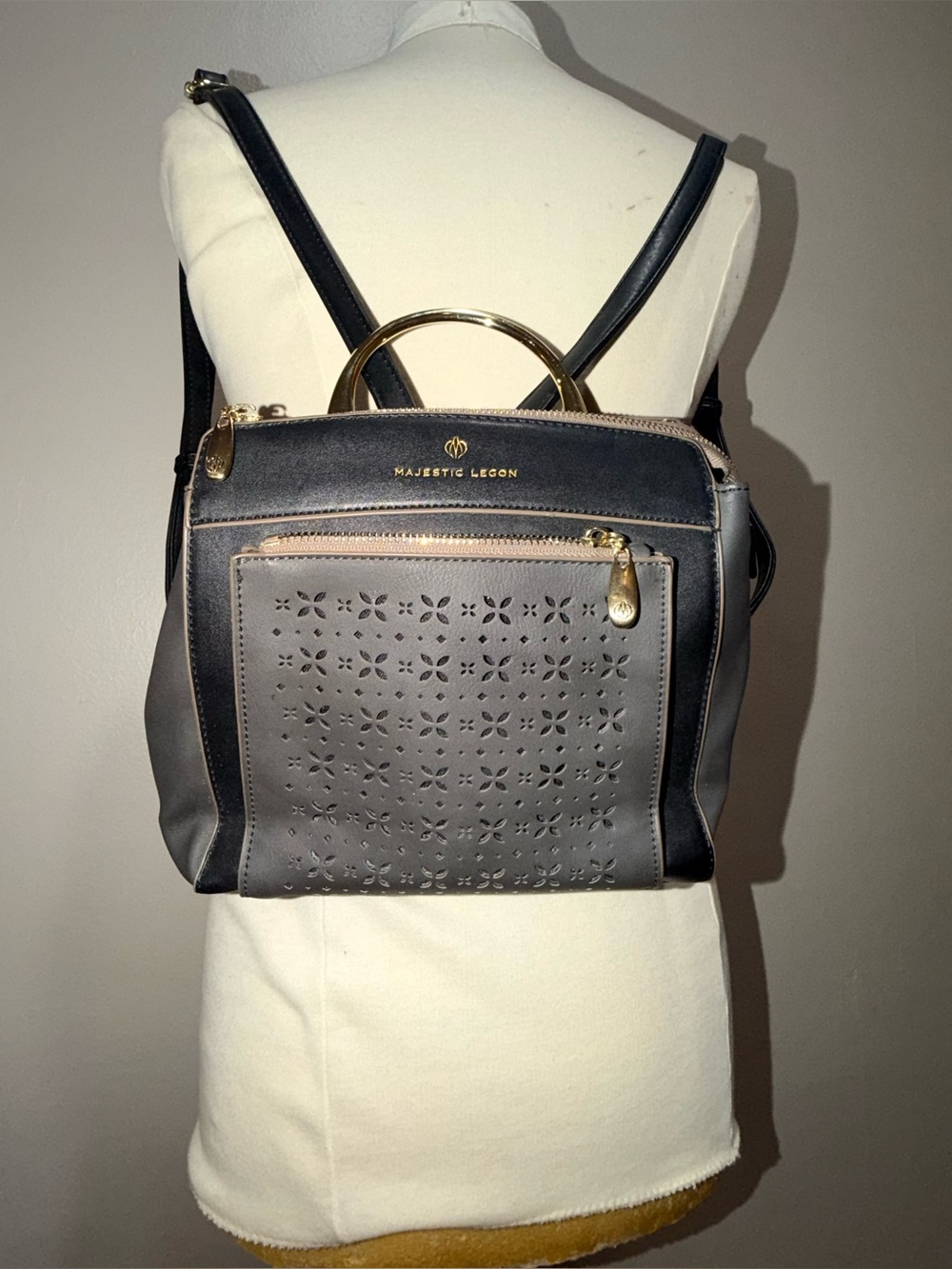 Majestic Black & Gray Perforated Backpack Handbag with Gold Handle